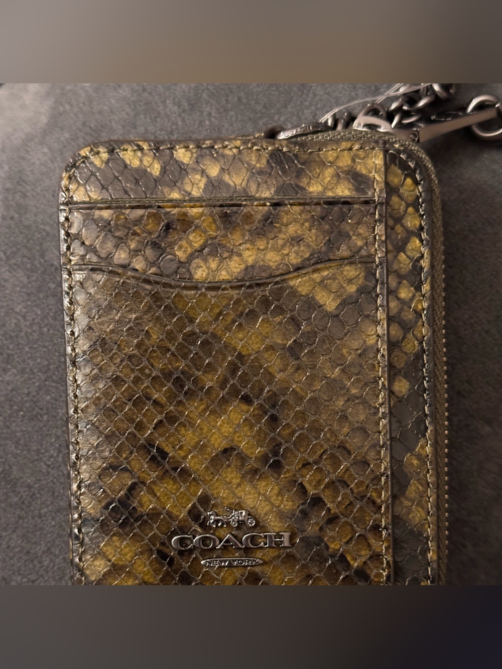 Coach Zip Card Case Wallet With Snake Print Leather - Gunmetal/Olive nwt - Picture 7 of 14